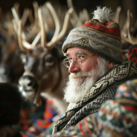 Smiling Senior Man with White Beard and Glasses Enjoying Winter with Reindeer in Backgroundの素材