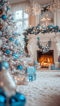 Christmas Living Room With Tree Decorated In Blue And White Colors. Winter Holidays Cozy Interior.の素材