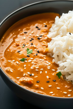 Spicy lentil curry with white rice, sesame seeds, and parsley. Indian vegetarian food.の素材