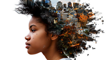 Young Woman with Afro Hairstyle and Cityscape Double Exposure, Urban Dreams and Aspirationsの素材