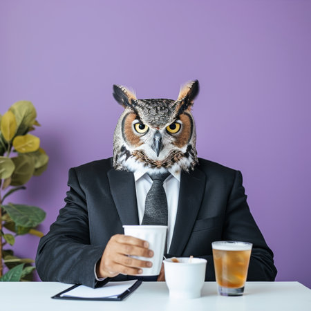 Serious Owl Businessman in Suit Enjoys Coffee and Beer, Isolated on Colorful Backgroundの素材