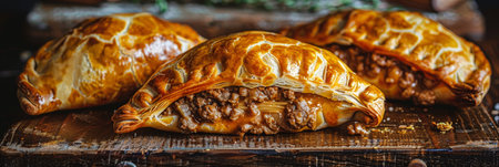 Three Delicious Pastries Filled with Savory Ground Beef Filling on Rustic Wooden Surfaceの素材