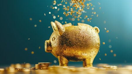 Golden Piggy Bank and Falling Confetti on Turquoise, Savings and Financial Success Conceptの素材