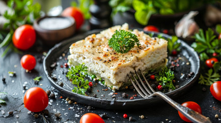 Close-up. Vegetable casserole with cheese, zucchini, and herbs on a black plate. Vegetarian food.の素材