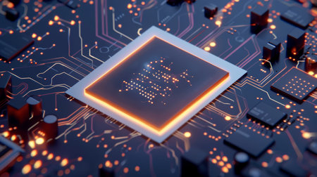 Detailed close up of microchip circuits with intricate design and ethereal glow in sharp focusの素材