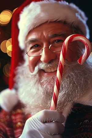 Smiling Santa Claus with Candy Cane A Classic Portrait of Festive Cheer and Holiday Spiritの素材