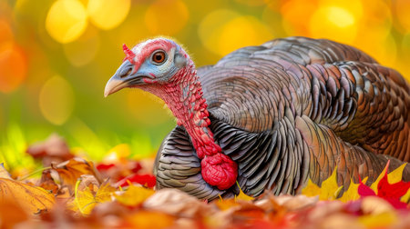 Majestic Wild Turkey in Autumn Foliage A Symbol of Thanksgiving Amidst Vibrant Colorsの素材