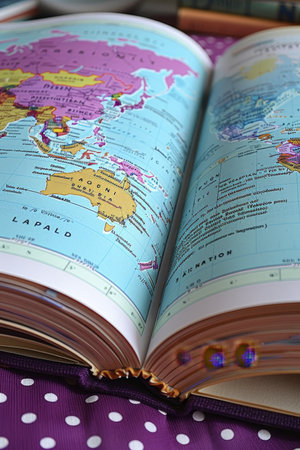Open World Atlas, Showing Asia, Australia Detailed Travel, Geography, and Education Concept.の素材