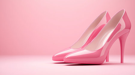Pair of Stylish Pink High Heels on Pink Background, Fashion, Glamour, Footwear, Elegance, Minimalismの素材