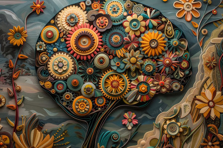 Intricate Paper Floral Brain Art, Creativity and Mental Health Concept. Psychology, Mind, Awarenessの素材