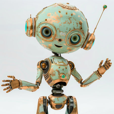 Smiling Vintage Robot with Golden Accents, Striking A Welcoming Pose On White Backgroundの素材