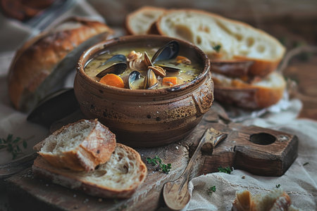 Rustic Seafood Chowder Served in Bowl with Crusty Bread on Wooden Board, Cozy Food Photographyの素材