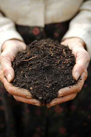 Hands Holding Rich, Fertile Soil, Concept for Gardening, Agriculture, and Natures Bounty.の素材