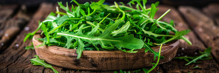 Fresh Organic Arugula Leaves on Rustic Wooden Background. Healthy Food or Diet Concept. Top View.の素材