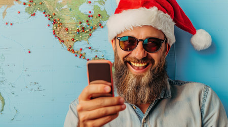 Smiling Man in Santa Hat Planning Christmas Trip Using Smartphone Near World Map with Pinsの素材