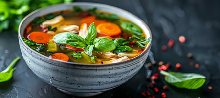 Homemade Chicken Soup with Fresh Vegetables and Herbs in Rustic Bowl, Comfort Food Photographyの素材