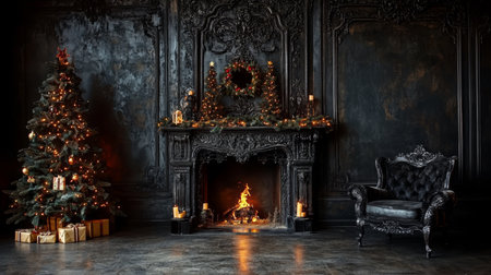 Gothic Christmas. Interior With Fireplace, Christmas Tree, And Candles In Dark And Moody Styleの素材