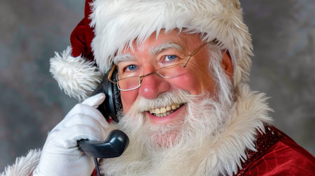 Joyful Santa Claus on a Vintage Phone Call, Sharing Holiday Cheer and Festive Greetingsの素材