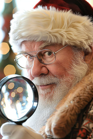 Santa Claus Checks His List With A Magnifying Glass, Seeking Out Those Who Are Naughty Or Niceの素材