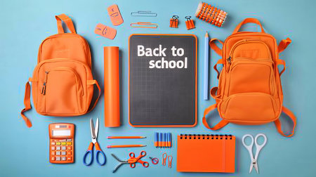 School supplies, stationery accessories and backpacks on blue background. Back to School concept.の素材