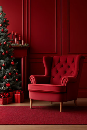 Classic Red Christmas Interior With Tree, Fireplace, Gifts, And Armchair. Winter Holidays Concept.の素材