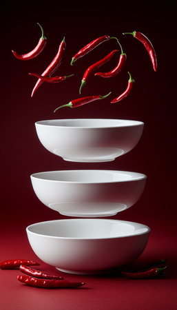 Three White Bowls Levitating with Red Chili Peppers on Red Background. Food Photographyの素材