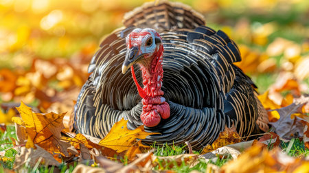 Portrait of a Wild Turkey Resting in the Colorful Autumn Leaves. Thanksgiving Day Birdの素材