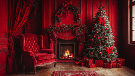 Christmas Fireplace, Cozy Festive Decor, Tree and Red Armchair, Holiday Season Interior.の素材