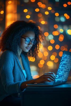 Focused Young Woman Working Late on Laptop, Coding or Programming Against City Lights Backdrop.の素材