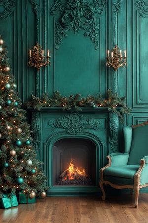 Elegant Christmas Interior With Fireplace, Green Tree Decorated, Teal Classic Wall, Copy Spaceの素材