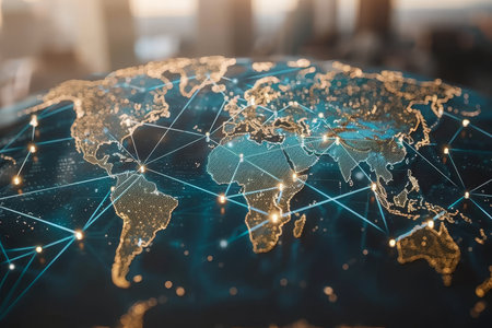 Global Network, World Map with Connections. Global Business, Technology, Communication Concept.の素材