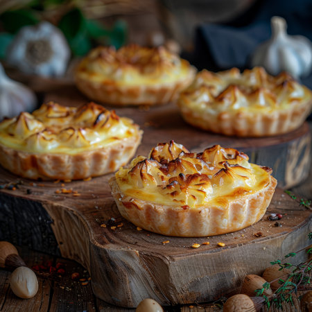 Mini potato pies with cheese and herbs on wooden board, selective focus. Delicious appetizersの素材