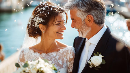 Bride And Groom Smiling At Each Other On Their Wedding Day. A Mature Couple In Love Getting Married.の素材