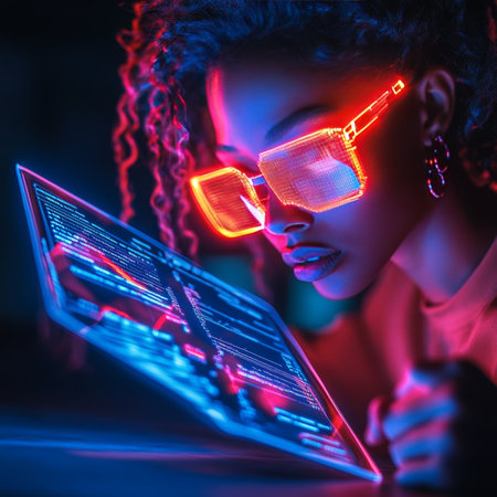 Young Woman Immersed in Futuristic Data Analysis. Cyberpunk Concept with Neon Glowing Technology.の素材