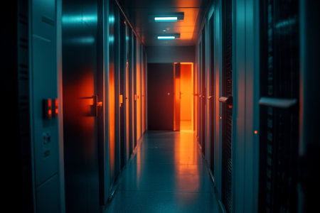 Dark Server Room Corridor. Technology Background With Neon Lights. Big Data, Cloud Computing Center.の素材