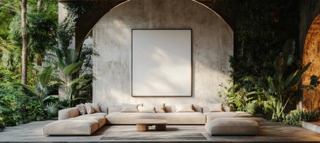 Modern Minimalist Living Room Interior with Sofa, Green Plants, Mockup Canvas, 3D Renderingの素材