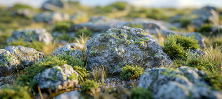 Rocky Meadow Landscape Sunrise Over a Field Filled with Moss-Covered Stones and Lush Green Foliageの素材