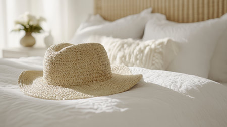 Stylish Straw Sun Hat on a Neatly Made Bed with Knitted White Pillows in a Modern Bedroom Setting.の素材