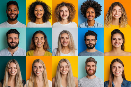 Diverse Group of People Smiling. Portraits On Colorful Backgrounds, Diversity Concept.の素材