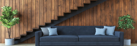 Modern living room interior with blue sofa, houseplants, and a wooden staircase against a slat wall.の素材