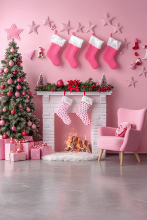 Christmas interior with fireplace, pink Christmas tree, and gifts. Pink holiday decor.の素材