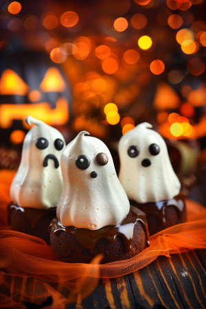 Three Spooky Ghost Meringues on Chocolate Bases, Halloween Treat with Festive Lights Background.の素材