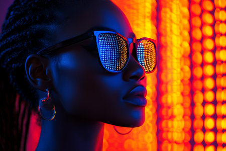 Fashion Portrait, Stylish Woman in Sunglasses, Cyberpunk. Neon Lighting, Blue and Orange Colorsの素材