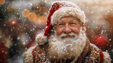 Classic Santa Claus with Real Beard, Snowy Portrait, Christmas Magic and Holiday Cheerの素材