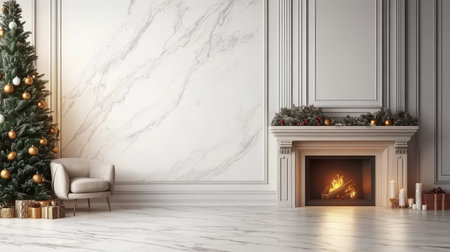 Christmas interior. fireplace, armchair, and Christmas tree near empty white wall. 3D rendering.の素材