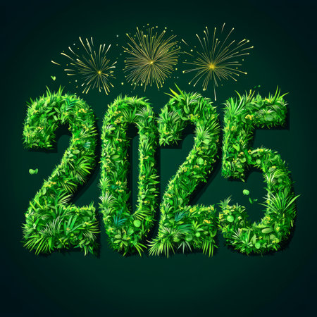 Happy New Year 2025. Numbers from green grass amidst sparkling holiday fireworks. on dark backgroundの素材