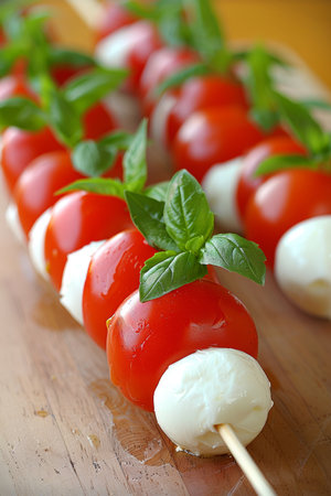 Caprese Skewers Delicious Appetizer with Tomato, Mozzarella, and Fresh Basil Leaves.の素材