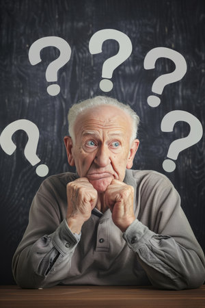 Confused Senior Man with Question Marks on Blackboard, Dementia, Alzheimers Concept.の素材