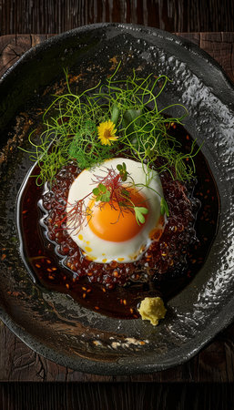 Japanese Cuisine Spicy Tuna Tartare with Quail Egg Yolk and Edible Flowers on Black Plateの素材