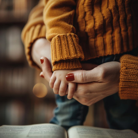 Mother guiding daughter s hand holding a book in a tender and heartwarming momentの素材